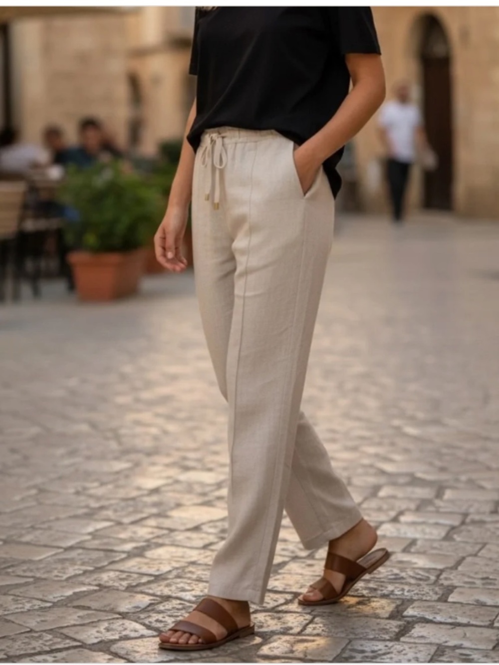 Ellen Tracy 100% Linen Drawstring Jogger Light Tan Sand  Pants